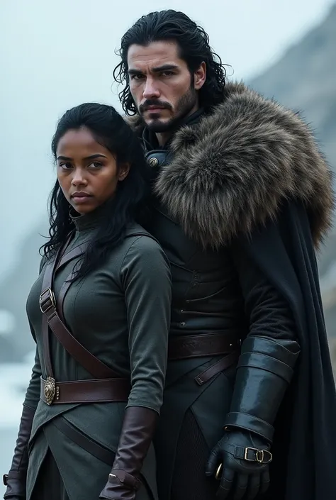 Jon snow with a short woman who has black hair, tan skin, and green eyes!