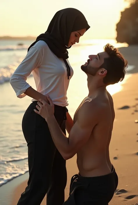 Black headscarf on the beach, white long sleeve t shirt, baggy black sweatpants, barefoot, Sexy skinny woman. Man kneeling in front of woman, Woman touching the front of man sweatpants with her foot.