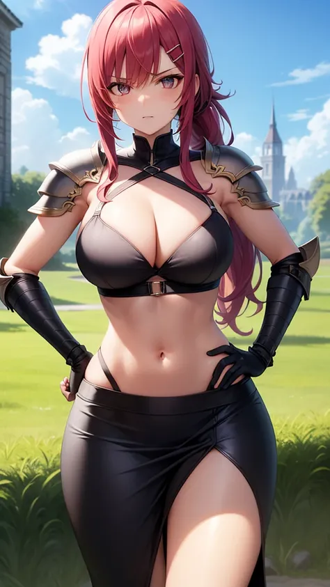 masterpiece, best quality, ((high detail)), beautiful angry woman, hand on hip, long wavy hair, pink red hair, messy hair, low ponytail, (black bra), (black maxi pencil skirt), boots, cleavage, headband, hairpin, elbow gloves, gauntlets, shoulder armor, ar...