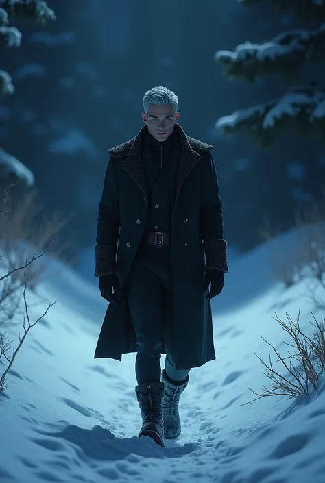 A dark cinematic scene of a beautiful masculine young man with pale white skin,grey hair,bright blue eyes,with a dark grey winter outfit walking trough the snow at night