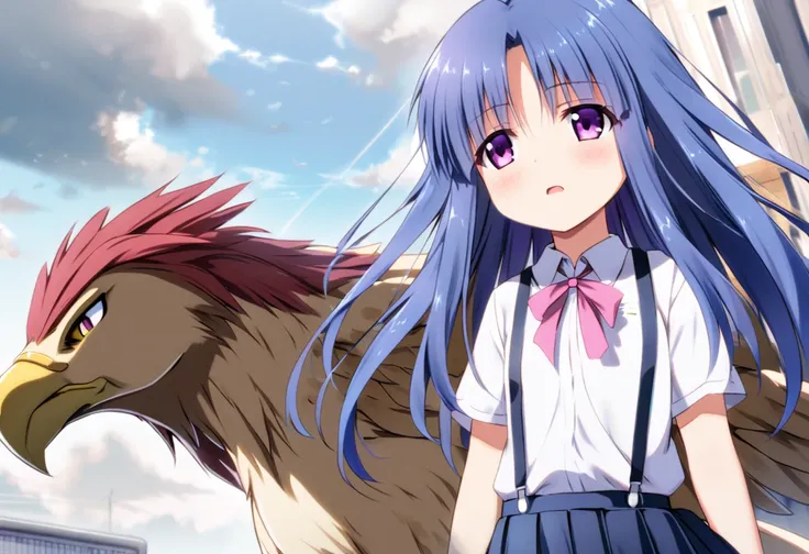 (griffin), ((Ride the Griffin)), (Rika Furude), woman, alone, Long Hair, Blue Hair, Purple eyes, school uniform, Pink ribbon, Collared shirt, Pleated skirt, suspenders, Flat Chest, 