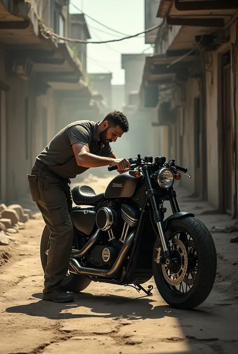 Mechanic repairing a modified pulsar bike in dusty street 