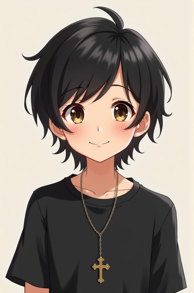 Boy with medium black hair in black t-shirt smiling with a cross around his neck 