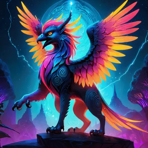 a fierce griffon,Mysterious nature,[Vibrant colors], [Psychedelic pattern], [Glittering texture], [unique design], [Fascinating light], [Creative Composition], [Playful elements], [Dreamy atmosphere], [ArtisticExpressions], [Fantasy surrealism], [Vibrant m...