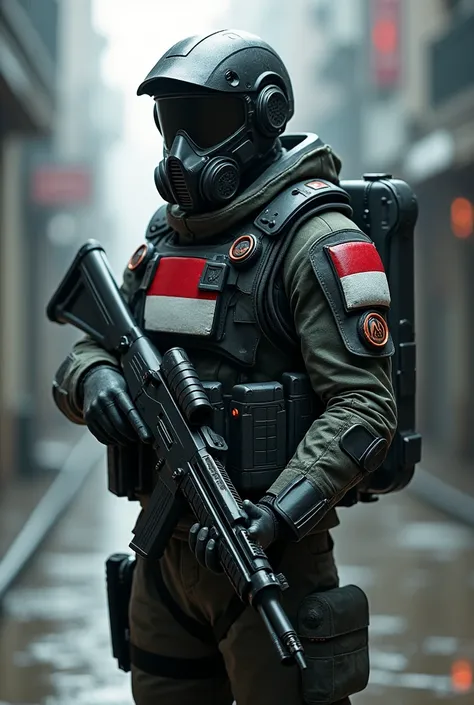 a TNI Kopassus Soldier Indonesia with indonesian flag badge wearing futuristic battle suit camouflage holding a large futuristic weapon, gas mask, wearing a high tech futuristic helmet with nightvision wearing futuristic military backpack and an exoskeleto...