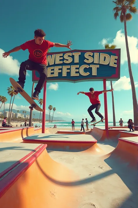 Skatepark avec des skateurs sur la plage de Los Angeles avec marqué west side effect sur un grand panneau