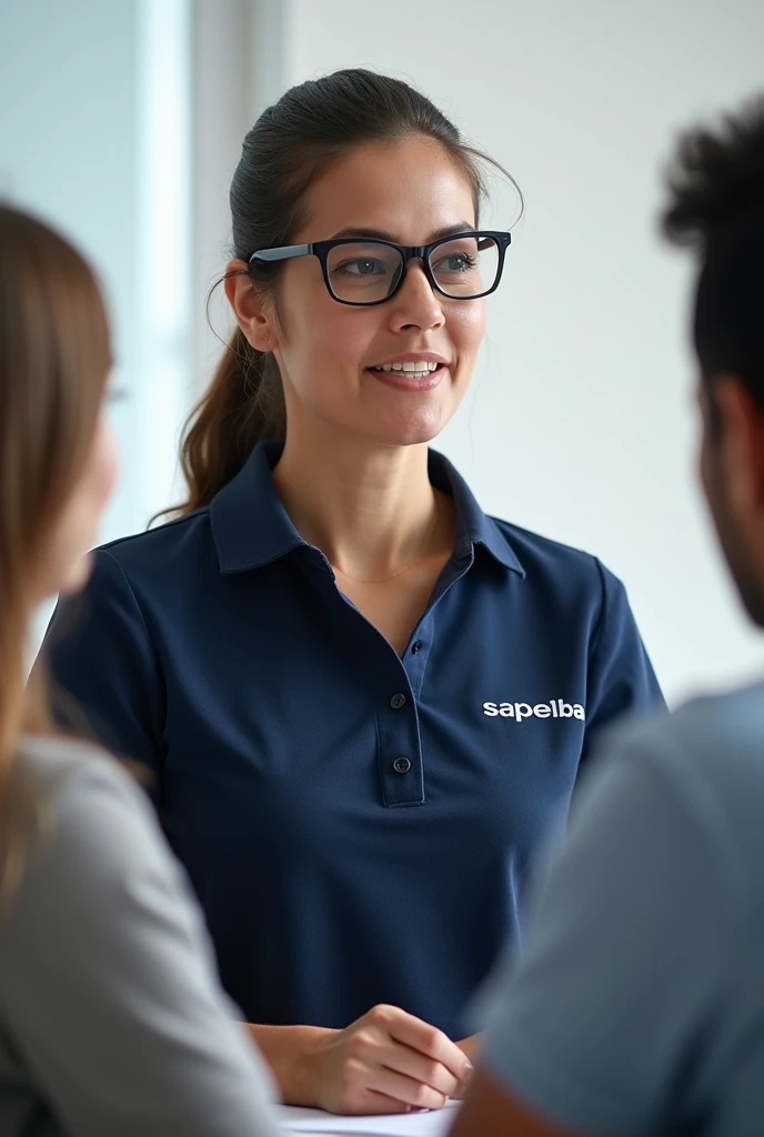 Show me a woman, wearing glasses, Explaining something to someone, in a room with white walls, with a navy blue polo shirt and has the name written on the right side of the chest "Sapelba", and that she is Brazilian, with a ponytail and that no one appears...