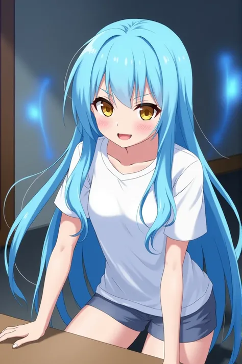 Rimuru Tempest, sky blue long straight hair, Long bangs, amber eyes,
Rimuru Tempest, White T-shirt, short shorts, sits by the table, face shot, creepy smile, haughty smile, shining yellow eyes, a blue aura emanates from the body, anime style.