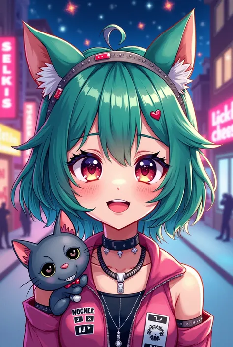 Selkirk Rexxのロゴ, close, watercolor, Vibrant, cake, Bright and shining eyes, big eye, eye, ((Delicate eyes)),  Facial blemishes, Contrast, high Contrast, Dark stripes,Gray Hair,smile,Anime girl with accessories, Green messy hair, Neon pink and blue street b...