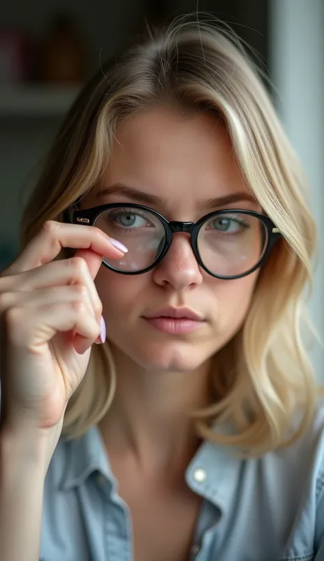 Color photo of a white American woman cleaning a spectacle with a cloth, capturing a close-up of the action, natural and realistic setting, mobile photograph, camera settings: iPhone 12 Pro, VSCO Cam app, indoor or outdoor lighting.