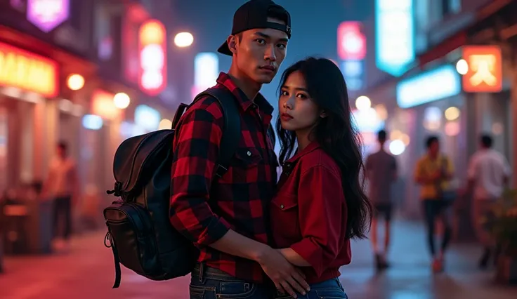 Hyper realistic, a 2 Indonesia man walking on the neon cyberpunk street, ideal body, look straight ahead, wearing dark red flannel shirt and dark ripped jeans pants and black hiking hi-shoes with black backward trucker hat, wear dark leather backpack, wear...