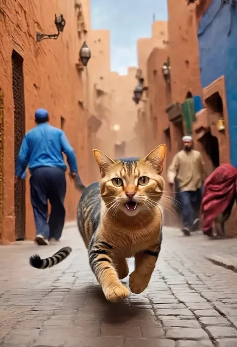 there is a cat that is running down the street with moroccan people chasing it, awesome cat, highly realistic photos, happy cat,...