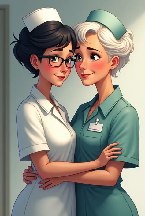 Two 60-year-old nurses, woman, One of them wears glasses、With short black hair、Wearing old nurse uniform。, The other has short, curly light hair and is wearing a nursing suit., Supporting each other

