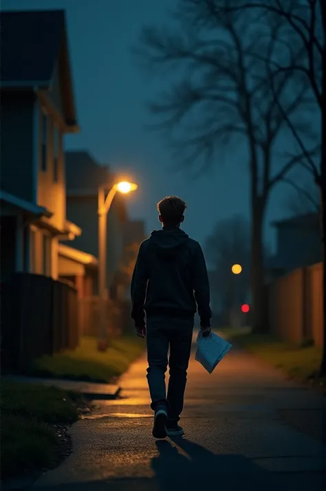 Young Man walk away from home with carry paper In hand at night 