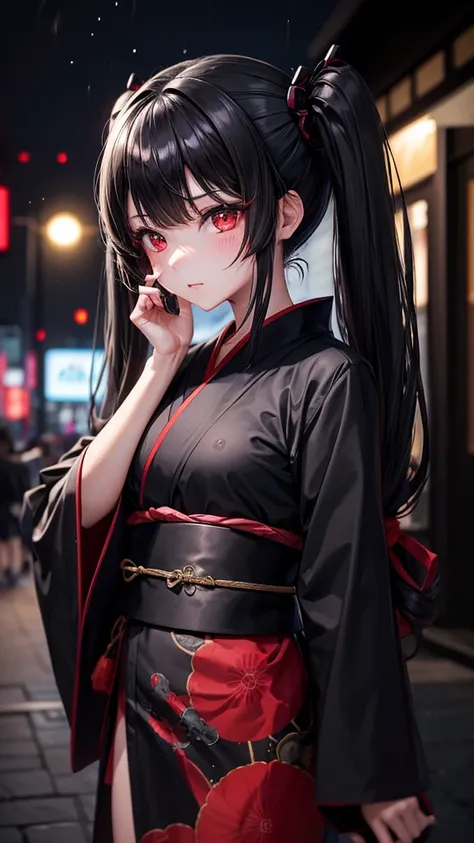 One girl, Red eyes, High-resolution model, Twin tails, Black Hair,yukata，night，nightの雨，Black mask on face，An evil look，