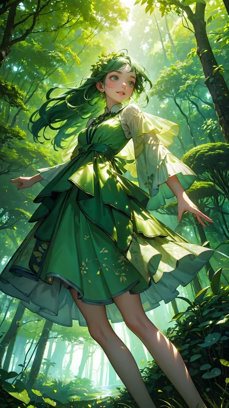 A beautiful, cute girl with an excited expression, wearing a whimsical green forest-themed outfit made of leaves and natural elements, like vines and small branches. She is joyfully jumping in the air, surrounded by a cascade of green glowing coins falling...