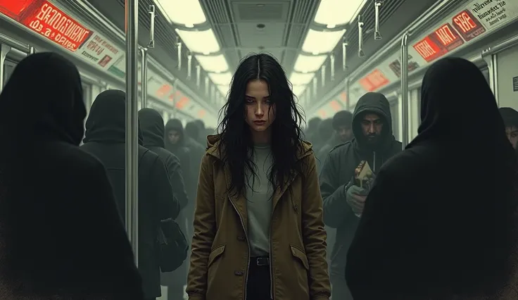 theme: “Harassment Is Not Invisible: The Reality Many Women Face” Chart Description: • Scenario: A subway car, where a girl is clearly distressed and desperate, highlighting the harassment situation she is suffering. • Representation of Aggressors: Instead...