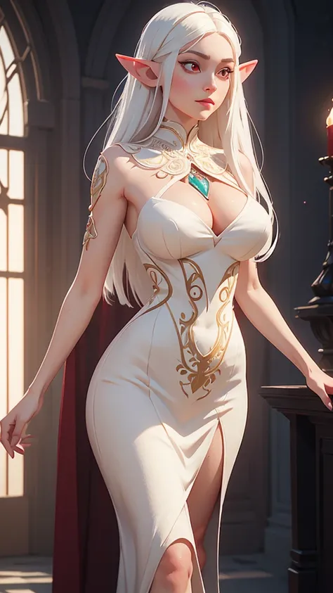 a beautiful elf woman, contemporary dress, white hair, red eyes, large detailed eyes, full body, slender body, huge breasts, soft smile, photorealistic, 8k, hyper detailed, masterpiece, fantasy, intricate details, volumetric lighting, cinematic composition...