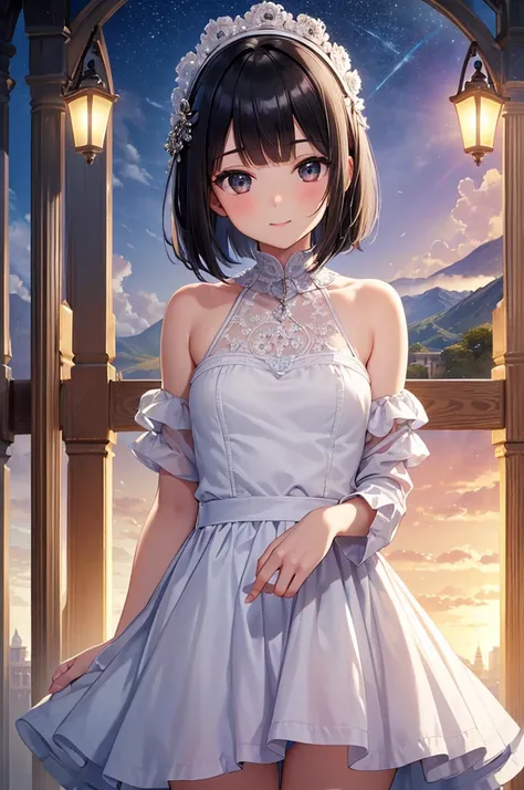 ((masterpiece, best quality, ultra-detailed, high resolution, extremely detailed CG, super detailed, Most beautiful clean lighting)), 1girl, small girl, under 12, cute girl, pretty face, smile, white skin, Beautiful black hair, hair cut in a row, bob cut, ...