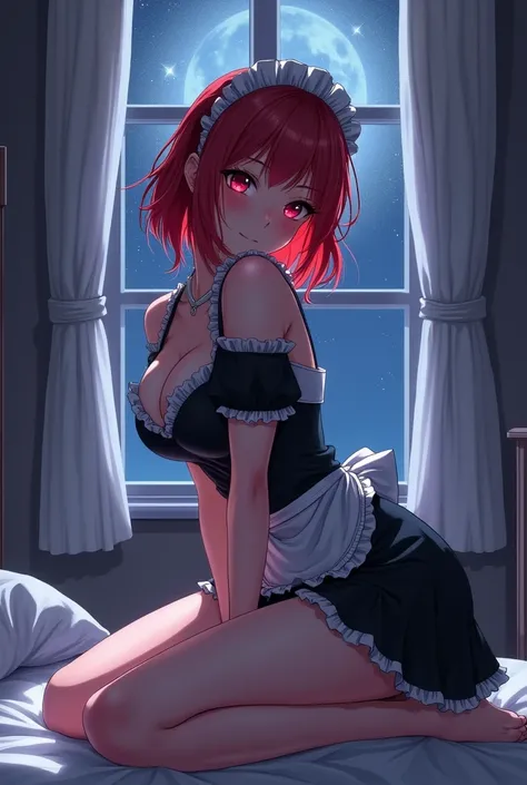 woman, maid, flushed cheeks, on all fours, in the bedroom, with a window, at night, with a starry sky, anime, semi long, red hair, red eyes, slender, maid, full body shot, dutch angle shot, darkness, moonlight