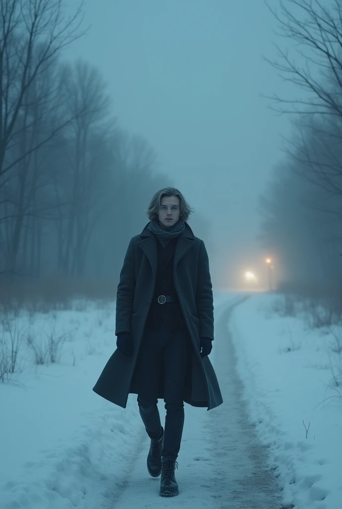 A dark cinematic scene of a beautiful young man with pale white skin,medium grey hair,bright blue eyes,with a dark grey winter outfit walking trough the snow at a foggy night