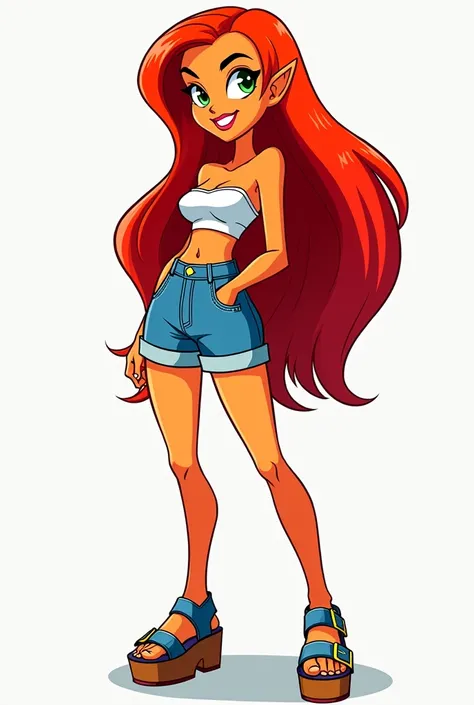 Teen Titans cartoon character Starfire wearing wide leg denim daisy dukes shorts, a tube top and platform buckled sandals