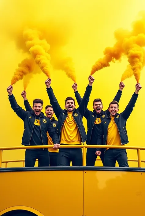 Image minimaliste pour stickers, group of male supporters dressed in black and yellow jackets and holding yellow smoke bombs in their hands on a yellow bus 