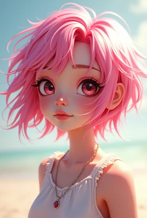 a girl with pink hair, dark shaped eyes, fly away, shorth hair, young and lively, that shows a lot of calm and confidence