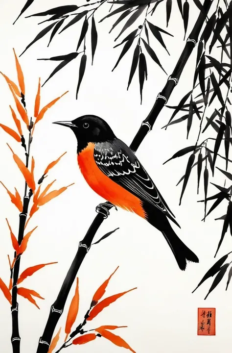 shukezouma, shuimobysim, ((starling)), willow branches, (masterpiece, best quality: 1.2), ((Traditional Chinese ink painting)), model style, bamboo branches, bamboo, wuchangshuo, red, orange, black, fire, starling, bird