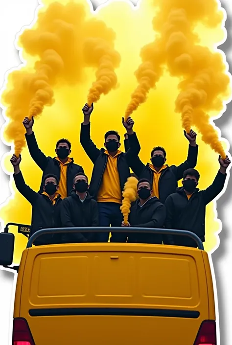 Image minimaliste non-réaliste pour stickers, group of male supporters dressed in black and yellow jackets and holding yellow smoke bombs in their hands on a yellow bus 