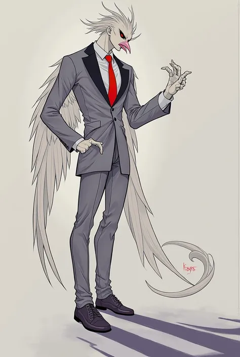 Generate a 2-color albino male half-humanoid image，Wearing a black suit，Wear a red tie，Slit-shaped pupil, Her suit has some white feathers, Her legs are normal right down to her high heels., Where to see owl claws