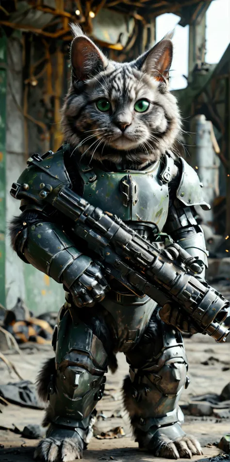 Create a cat breed (British lop-eared). Plain dark grey orcas. with green eyes.  He stands on two legs, all in (power armor),(armor of black color) from the game Fallout. With a m134 minigun in his hands. Against the backdrop of a nuclear post-apocalypse. ...