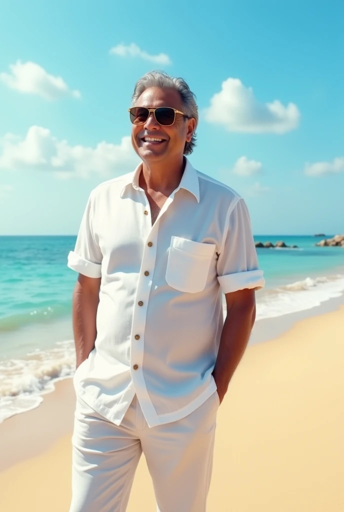 Mukesh ambani at a beach, smiling