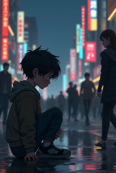 A alone boy sit street were jacket and lover 
Casual shoes head down circle face and eyes tear wether rainy and background traffic neon effect and many people loughing to see thair and one girl looking boy for sad him