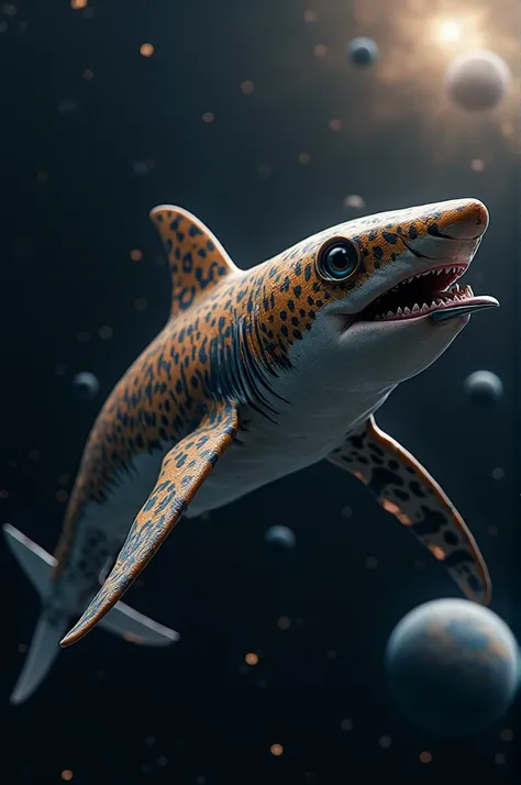 a shark with birds beak, leopard skin, metal fin, flying between planets