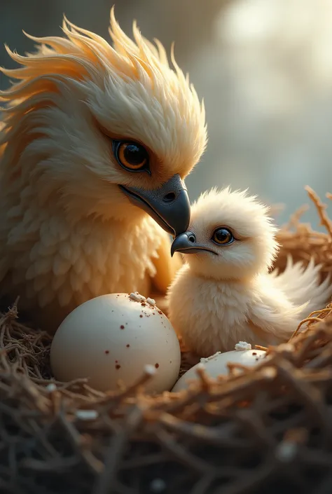 卵から孵化するGriffinの雛、Griffin、Emerging from the egg、very cute、親のGriffinが顔を近づける