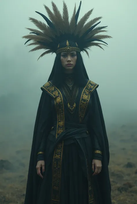 The scene is atmospheric and open, ancient sacrificial pictures, smoky and full of smoke, 1 female human with head cover bird feather, black robe with gold tribal pattern, black inner clothes, (detailed costume details, detailed clothing light sense), fain...