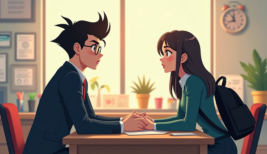 Making a 20 year old boy, tall black hair, A job interview at a 2D animation video game animation company、Wearing glasses、A woman in her 30s with long hair and a black backpack is sitting at a desk、sitting on the other side