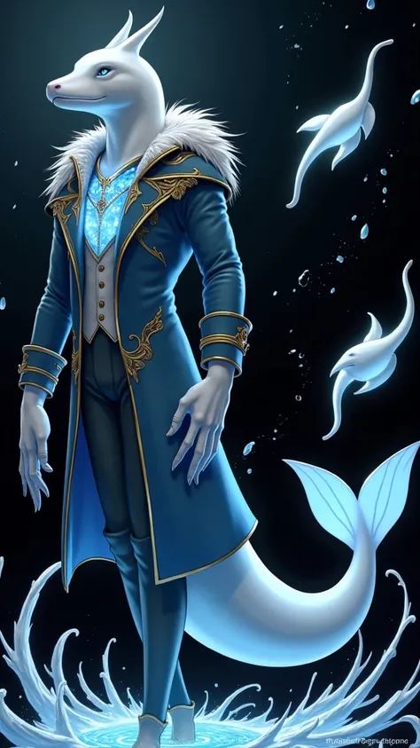 A unique being with a beluga whales head and a tall, muscular human body. His skin is smooth and white like a belugas. He wears a blue Victorian-era coat with gold details, and a glowing blue jewel on his chest shines like stars in the oceans depths. His e...