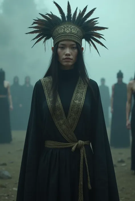 The scene is atmospheric and open, ancient sacrificial pictures, smoky and full of smoke, 1 female human with head cover bird feather, black robe with gold tribal pattern, black inner clothes, (detailed costume details, detailed clothing light sense), fain...