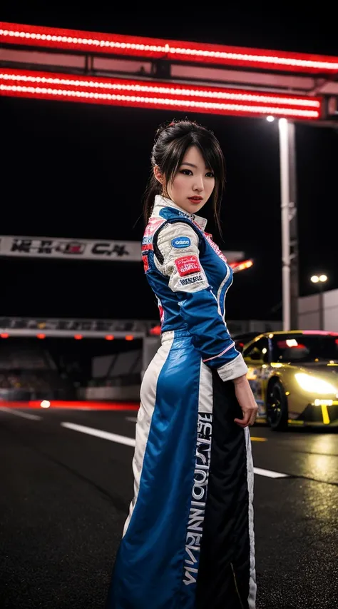 A Japanese race queen standing in the pit area, illuminated by bright, artificial lights that create a high-contrast, dynamic scene. The focus is on her determined expression and the sleek lines of the racing cars behind her. Use a shallow depth of field t...