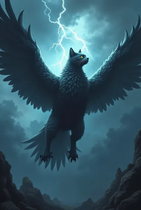 Masterpiece、Highest quality、The mighty Griffon、Stormy Night、Divine Beast、Bursting Thunder、Overwhelming King of the Skies、Cute kitten riding a griffin、A black kitten riding beautifully、male々New Griffon