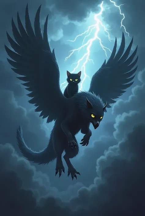 Masterpiece、Highest quality、The mighty Griffon、Stormy Night、Divine Beast、Bursting Thunder、Overwhelming King of the Skies、Cute kitten riding a griffin、A black kitten riding beautifully、male々New Griffon