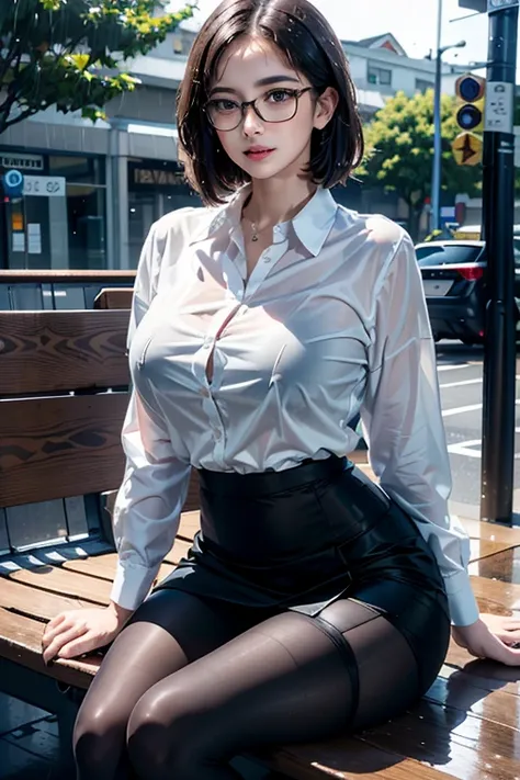 realistic, high resolution, 1 female, mature woman, alone, hip up, viewer display, (detailed face), (short bob)、(glasses)、school...