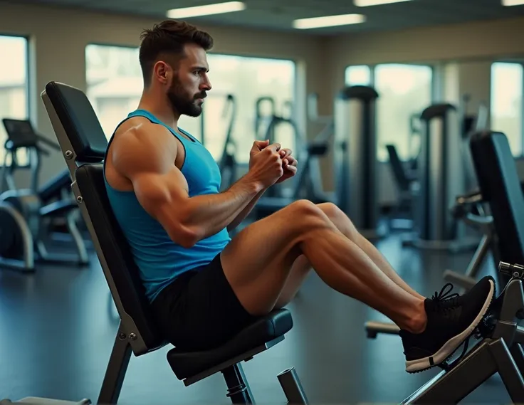 The image shows a male cyclist performing a leg press exercise in a gym. He is wearing a blue tank top, black shorts, and black sneakers. The man is sitting on a leg press machine, pushing a weighted platform with his legs, demonstrating proper form with a...