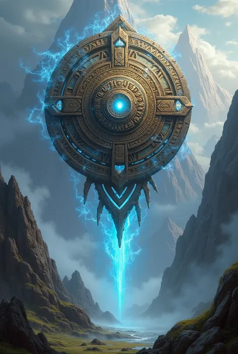 Aztec shield on top of a mountain magic the gathering style