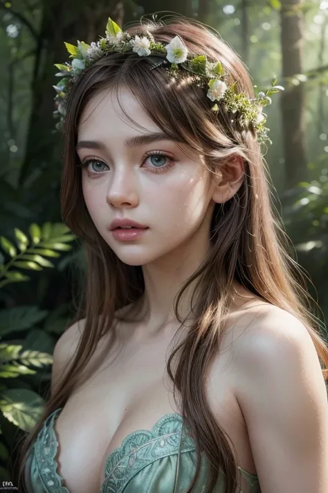 a mystical forest, beautiful detailed eyes, beautiful detailed lips, extremely detailed eyes and face, long eyelashes, 1girl, flower crown, fantasy, ethereal, glowing, magical, soft lighting, lush foliage, mossy trees, sparkling fairy dust, dreamy, pastel ...