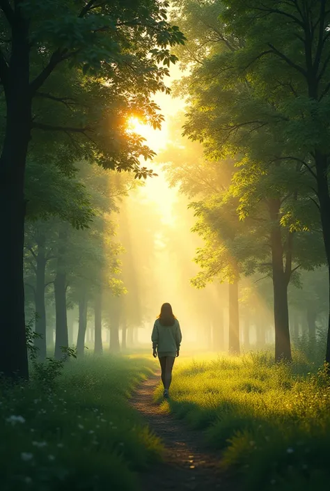 A person walking in a park at dawn, surrounded by trees and singing birds. The sun rises on the horizon.