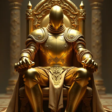 A slender 6 feet tall but fit man covered in golden armor from head to toe, his face covered with shining mask of the golden armor which reflects light not even his eyes were exposed, sitting on throne in his Citadel, his face is covered in smooth oval sha...