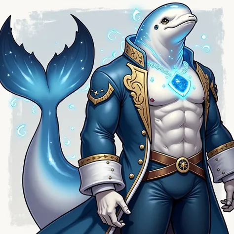 A unique being with a beluga whales head and a tall, muscular human body. His skin is smooth and white like a belugas. He wears a blue Victorian-era coat with gold details, and a glowing blue jewel on his chest shines like stars in the oceans depths. His e...